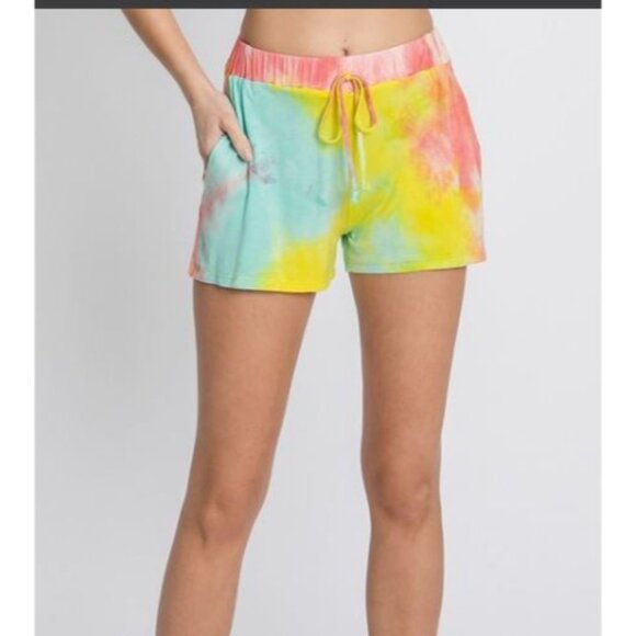#1131 GeeGee NWOT Tie-Dye Pull On Lounge Shorts Pockets Sizes Small-Large Yellow - Picture 1 of 2